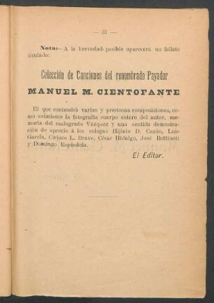 [Publicidad de publicaciones de] Manuel M. Cientofante