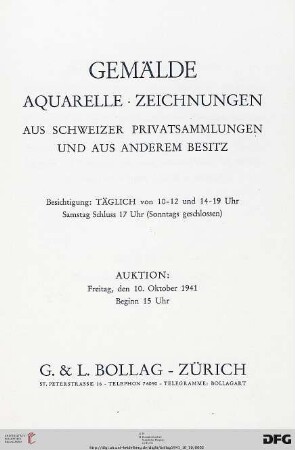 Gemälde, Aquarelle, Zeichnungen aus Schweizer Privatsammlungen und aus anderem Besitz : 10. Oktober 1941