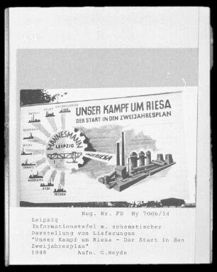 Informationstafel mit schematischer Darstellung von Lieferungen "Unser Kampf um Riese - Der Start in den Zweijahresplan"