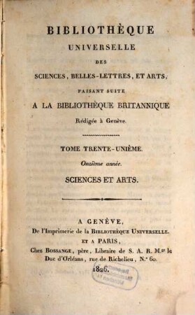 Bibliothèque universelle des sciences, belles-lettres, et arts. Sciences et arts. 31. 1826
