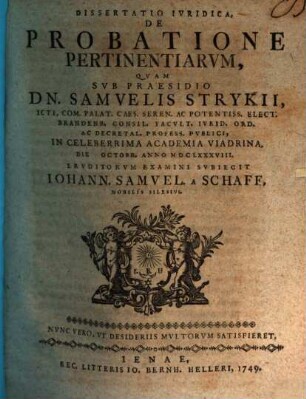 Dissertatio Iuridica, De Probatione Pertinentiarum