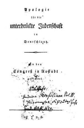 Apologie für die unterdrückte Judenschaft in Deutschland : an d. Congreß in Rastadt gerichtet / [Andreas Riem]
