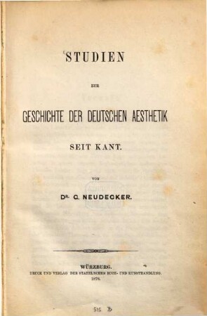 Studien zur Geschichte der Deutschen Aesthetik seit Kant