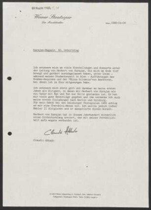 Kurzer Text von Claudio Abbado zum 80. Geburtstag von Herbert von Karajan (4.1.1988)