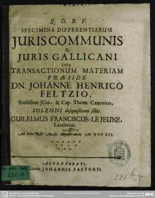 Specimina Differentiarum Iuris Communis & Iuris Gallicani circa Transactionum Materiam