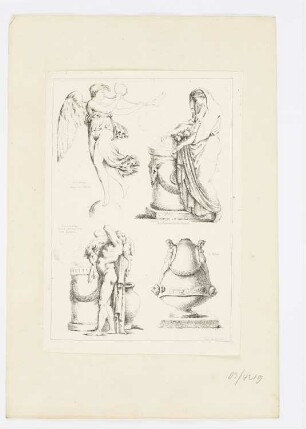 Fama, Basrelief einer Frau am Altar, Basrelief eines Mannes mit Opfertier und Vase mit zwei weiblichen Figurinen, Blatt 9 der Folge "Recueil de Griffonis"