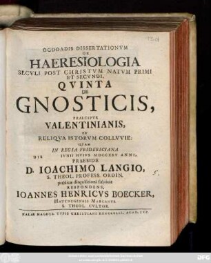 5: De Gnosticis, Praecipve Valentinianis, Et Reliqva Istorvm Collvvie