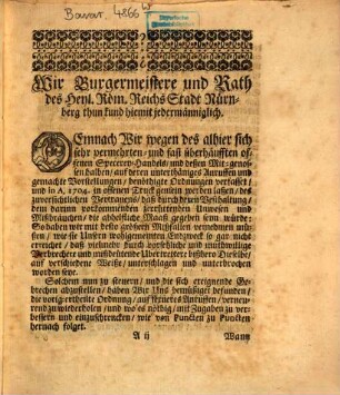 Verneuerte Gesetz und Ordnung eines hoch edlen und hochweisen Raths, des Heiligen Reichs Stadt Nürnberg, vor die offene Specerey-Händler, und was zu dero Handel gehörig