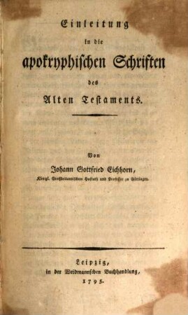 Einleitung in die apokryphischen Schriften des Alten Testaments
