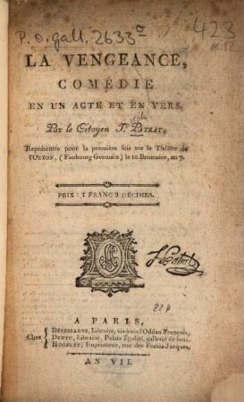 La vengeance : Comédie en un acte et en vers