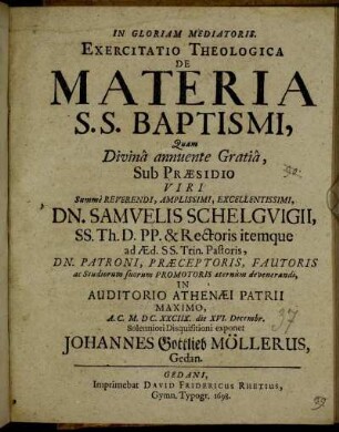 Exercitatio Theologica De Materia S. S. Baptismi