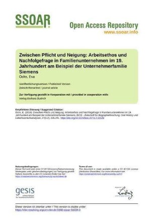 Zwischen Pflicht und Neigung: Arbeitsethos und Nachfolgefrage in Familienunternehmen im 19. Jahrhundert am Beispiel der Unternehmerfamilie Siemens