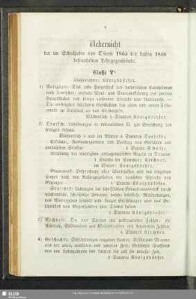 Uebersicht der im Schuljahre von Ostern 1865 bis dahin 1866 behandelten Lehrgegenstände