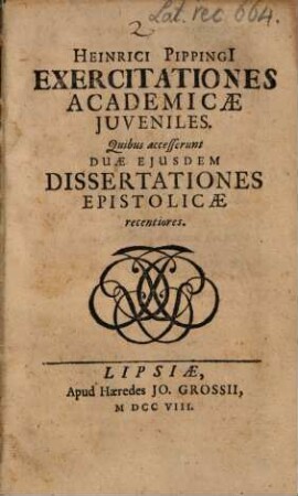 Heinrici Pippingi Exercitationes Academicae Juveniles