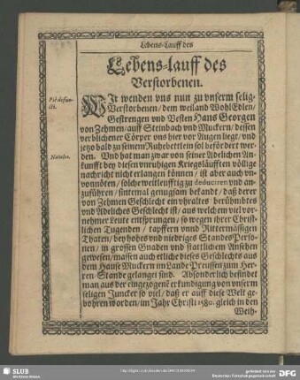 Lebenslauf : Lebens-lauff des Verstorbenen