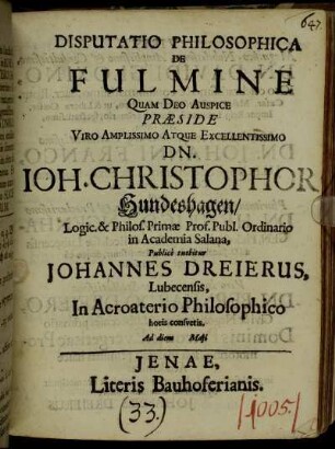 Disputatio Philosophica De Fulmine
