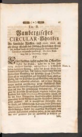 Lit. B. Bambergisches Circular-Schreiben ...