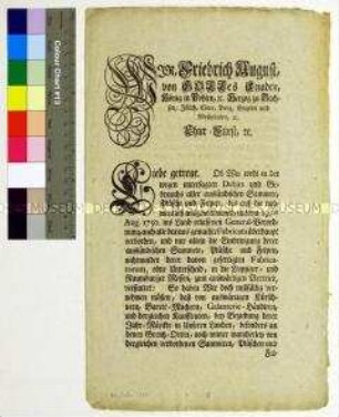 Verordnung von Friedrich August II. Kurfürst von Sachsen gegen den Handel mit ausländischen Textilien, Stoffen und Fellen