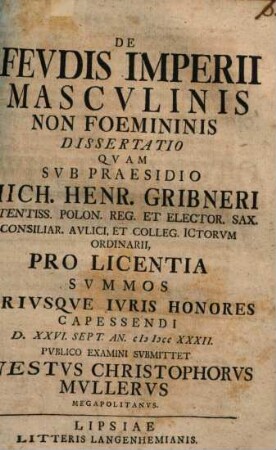 De feudis Imperii masculinis, non foemininis, dissertatio