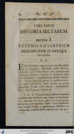 Pars Prior. Historia Sectarum.