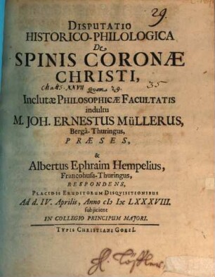 Disp. hist. philol. de spinis coronae Christi