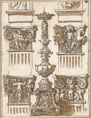 Fischer, Theodor; Phantasie-Zeichnungen - Kapitelle u. Kandelaber (Ansichten)