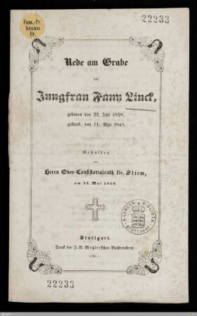 Rede am Grabe der Jungfrau Fany Linck : geboren den 22. Juli 1828, gestorb. den 11. Mai 1849