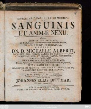 Dissertatio Inauguralis Medica, De Sanguinis Et Animæ Nexu