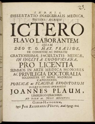 Dissertatio Inauguralis Medica, Sistens Ægrum Ictero Flavo Laborantem