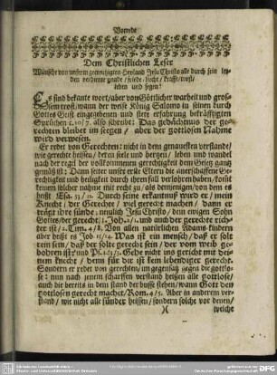 Dem Christlichen Leser Wünsche von unserem gekreutzigten Heyland Jesu Christo alle durch sein leyden verdiente gnade, friede, liecht, krafft, trost, leben und segen!
