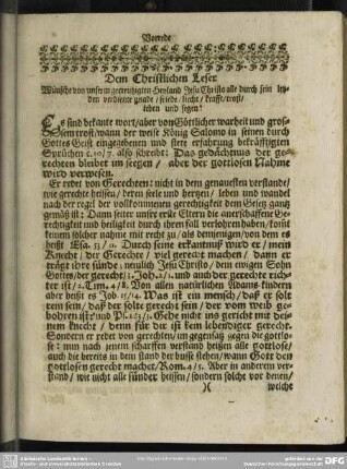 Dem Christlichen Leser Wünsche von unserem gekreutzigten Heyland Jesu Christo alle durch sein leyden verdiente gnade, friede, liecht, krafft, trost, leben und segen!