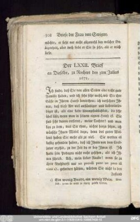 Der LXXII. Brief an Dieselbe, zu Rochers den 3ten Julius 1671.