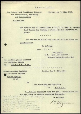 M. Wegner an DAI Athen