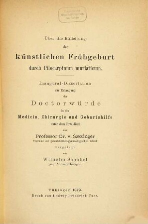 Über die Einleitung der Künstlichen Frühgeburt durch Pilocarpinum muriaticum : Inaug.-Diss.