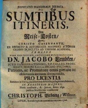 Disputatio Inauguralis Juridica De Sumtibus Itineris, Von Reise-Kosten
