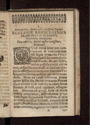 I. Venerabilibus, Amicis nostris carissimis, Capitulo Ecclesiae Bambergensis, Franciscus de Gonzaga, Cardinalis Mantuanus