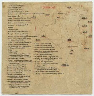 Torgauer Heide, Blatt mit den Ortschaften und Interieur, farbigen Wegezeichen (Reinkarte auf die nach der Vorkarte gestochenen Linien mit Meßpunkten) und Legende. Blatt 2 aus: Alte aufgetragenen Mappen welche Churf. Augustus mitt dem Wagen , die Orttung oder schmigung gesucht, vnnd vonn dießenn Rein aufgetragenn, vnnd eine Mappa darauß gemacht wordenn. 2. H. 16. Jh. Zum Teil von des Kurfürsten eigener Hand. Dresden: SLUB Mscr.Dresd.Q.187.m