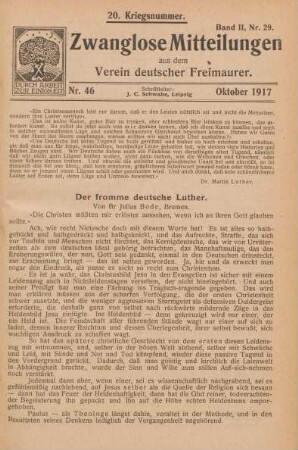 Nr. 46 Oktober 1917 20. Kriegsnummer. Band II, Nr. 29.