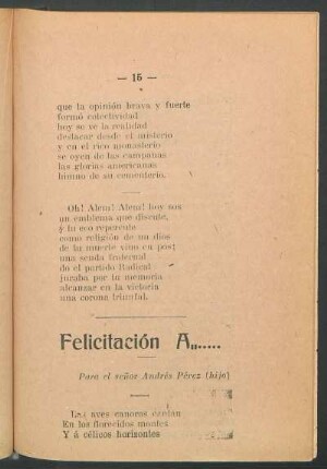 Felicitación a... : Para el señor Andrés Pérez (hijo)