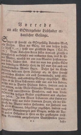 Vorrede an alle Gottergebene Liebhaber erbaulicher Gesaenge