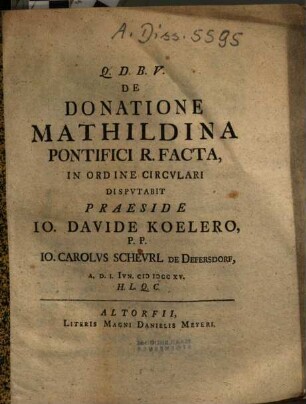 De Donatione Mathildina Pontifici R. Facta