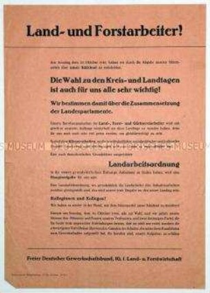 Aufruf an die Land- und Forstarbeiter zur Teilnahme an den Wahlen 1946