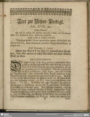 Text zurVesper-Predigt. Act. XVII, 30