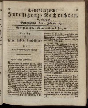 V. Stück. Sonnabends: den 2. Februar 1793.