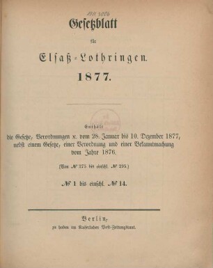 1877: Gesetzblatt für Elsaß-Lothringen