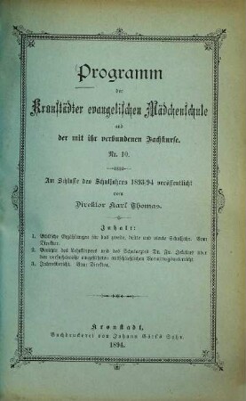Programm der Kronstädter Evangelischen Mädchenschule. 10. 1893/94 (1894)