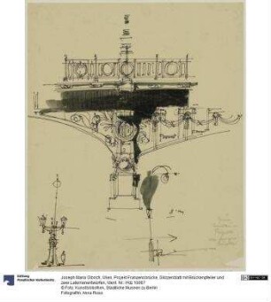 Wien, Projekt Franzensbrücke, Skizzenblatt mit Brückenpfeiler und zwei Laternenentwürfen