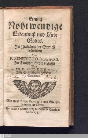 Erster Theil: Eintzig Nohtwendige Erkantnuß und Liebe Gottes Dell'uno necessario 