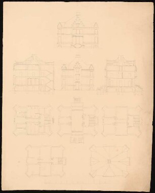 Lustschloss Crollage, Preußisch Oldendorf: Vorder- und Rückansicht, Schnitte, Grundriss Keller-, Erd-, Ober- und Dachgeschoss, Dachaufsicht