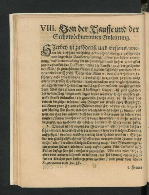 VIII. Von der Tauffe und der Sechswöchnerinnen Einleitung.